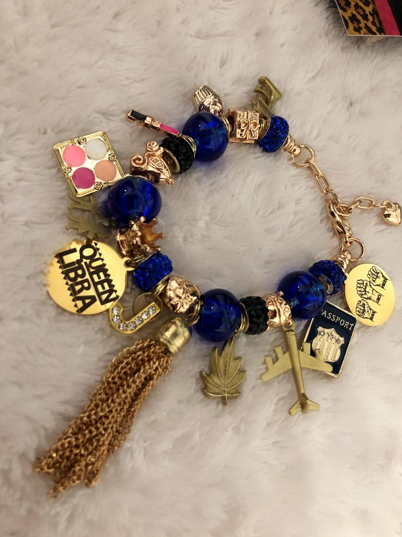 Gold-Blue Pandora Style Charm Bracelet 